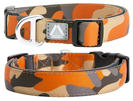 JC HOUSE Weich Gepolstertes Hundehalsband, Verstellbares Schwerlasthalsband mit 3M reflektierendem Logo für 50 mittelgroße Hunde, Camo Orange, M