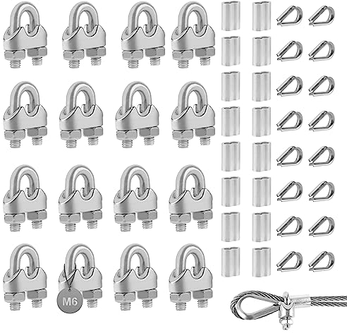 EXLECO 16Pcs Morsetti Serracavo M6 Morsetto per Fune Metallica in Acciaio Inox Morsetti per Cavo Clip per Cavi, Morsetti per Sella Morsetti per Funi Metalliche Ø4mm con Fune Cavo Ditale Allum Ghiere