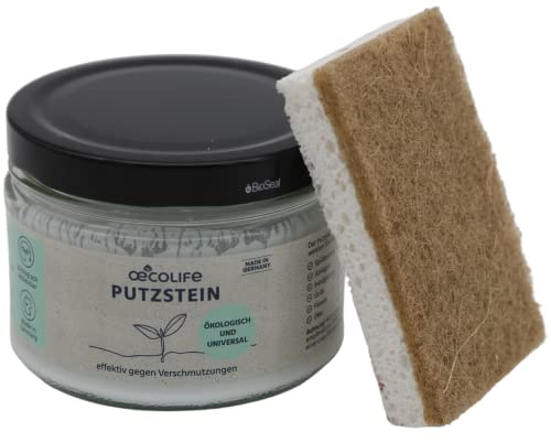 oecolife Putzstein im Glas mit Schwamm, 600g, Universalreiniger-Set für Haushalt