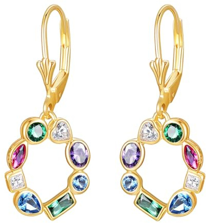 E Jewelry 925er Sterlingsilber Ohrringe für Damen Bunter Zirkonia Multi-Stein Ohrhänger 14 Karat Vergoldet Regenbogen Ohrringe