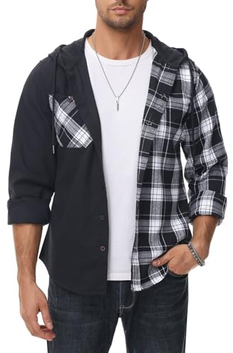 SwissWell flanellskjorta herr rutig skjorta långärmad skogshuggarskjorta casual button down fritidsskjorta med bröstficka, Svart vit, XXL