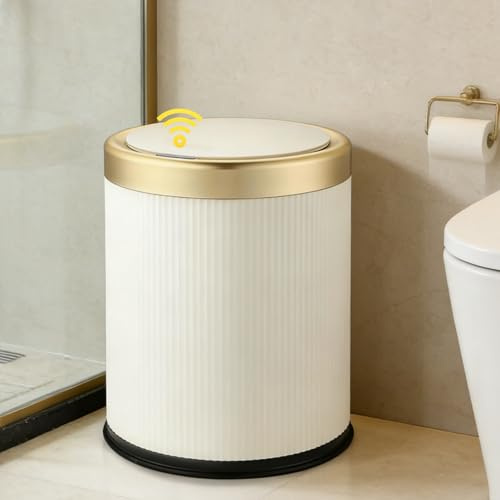 URALFA Automatic Motion Sensor Bathroom Trash Can with Lid, Touchless Trash Bin, Smart Dog Proof Garbage Can, Small Waste Basket for Toilet, Office, Bedroom, 2.8 Gallon, Cream White