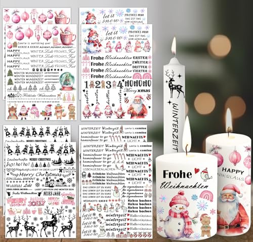 8x Kerzentattoos Pink Wassertransferdruck Merry Christmas Kerzensticker für Kerzen Tasse DIY-7*8.7zoll