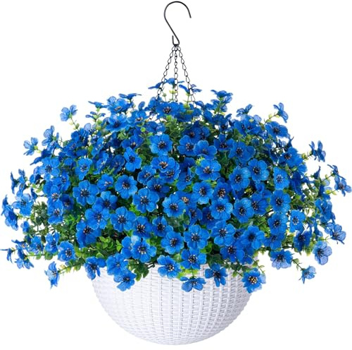 HyeFlora Artificial Hanging Flowers Plants with Basket, Fake Silk Blue Daisy with Eucalyptus Leaves in Pot Planter for Outdoor Porch Patio Indoor Garden Yard Home Decoration