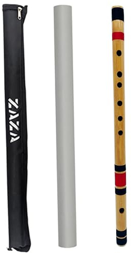 Zaza Percussion Professionelle Bansuri-Flöte aus poliertem Bambus – (indische Flöte) mit Tragetasche (86,4 cm C#-Bass)