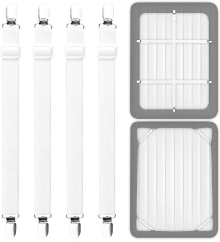 SUNRIZ Bettlakenspanner, 4 Stück Bettlakenspanner Verstellbar, Elastische Bettlaken Spanngurte mit Metallclips, Bed Scrunchie für Bettlaken,Matratzen,Sofa,Bügelbrett,Kinderbett (Weiß, 30 * 100MM)