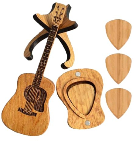 XDGJTBFMY Gitarrenplektrumbox mit Ständer, gravierte Gitarrenplektren aus Holz, für Akustikgitarre, Aufbewahrungsbehälter für Gitarristen, Musiker