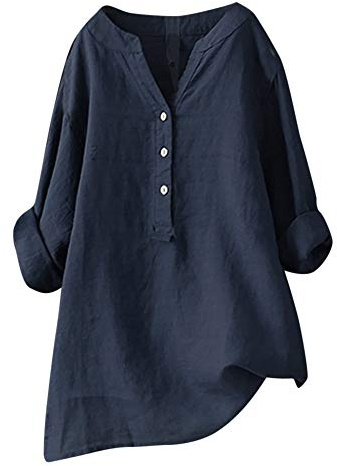 Générique Chemise Lin Femme Chemisier Coton Et Lin pour Femmes Col en V Bouton Manches Longues Tops Couleur Unie LâChe Respirant T-Shirts Grande Taille Pas Casual Coton Lin Tunique Blouse