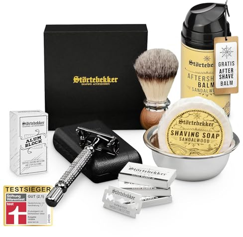 Störtebekker® Premium Shaving Essential Set - Rasierhobel inkl. Lederetui (Schwarz) & 10 Klingen, Rasierpinsel, Rasierseife Sandelholz, Rasierschale, After Shave Balm & Alaunstein - Rasierset Herren