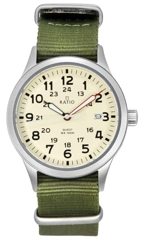 RATIO fältklocka safir kristall nylon kanvas rem lättläsare 40 mm klocka japansk kvarts militär 100 m vattentålig klocka, Bigg urtavla med nylonrem, Militär