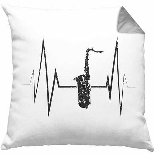 Trendation Saxophon Kissen mit Füllung 40x40 Geschenk Herzschlag Saxophonist Kaffee Geschenkidee Lustig (Grau)