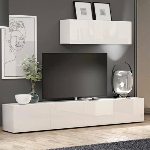Dmora - Mobile porta TV Randfontein, Credenza da soggiorno, Armadio basso per TV, Base parete attrezzata, Made in Italy, 225x38h39 cm, Bianco lucido