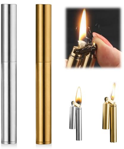 2 pcs Vintage Messing Feuerzeug, KerosinFeuerzeug Windproof Feuerzeug Gas Nachfüllbar Einstellbare Jet Flamme Faltbare Tragbare MiniFeuerzeug für Kerze Küche Camping Geschenk für Männer Vater