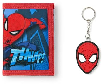 Marvel Spiderman Portefeuille pour Garcons Portefeuille Rouge a Trois Volets avec Imprime Graphique THWIP ! pour Enfants | Porte-Monnaie et Carte pour Enfants avec Porte-cles Masque