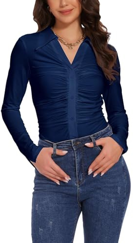 MISS MOLY Damblus, långärmad tunika, skjortblus, veckad tunika, toppar med knappar, dekor, Denimblå, XL