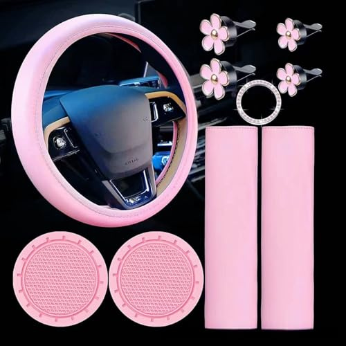 Amazleer Rosa Lenkradbezug-Set für Frauen, 10-teiliges Universal-Autozubehör-Kit mit Sicherheitsgurt-Schulterpolstern, Becherhaltern, floralen Lüftungsclips, Start-Knopf-Aufkleber (Rosa)