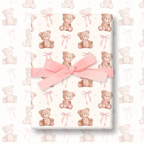 FYSUIMU Geschenkpapier mit rosa Schleife, 6 Bögen, keine Rolle, braunes Bärenband, Geschenkpapier, flach gefaltet, für Geburtstag, Babyparty, Basteln, 50 x 70 cm