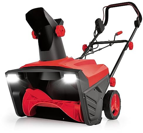 GYMAX Spazzaneve Elettrico con Fari a LED, Soffiatore di Neve Elettrico da 15 Ampere con Bocchetta Girevole a 180°, Percorso di Sgombero di 500 x 250 mm, Spazzaneve (Rosso)