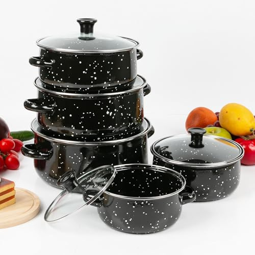 Yagosodee 5pcs Enamelware Pot Set, Enamel Stock Pot with Lid, Retro Cooking Pot, Vintage Soup Pot, Enameled Steel Cookware for Home Kitchen, Black