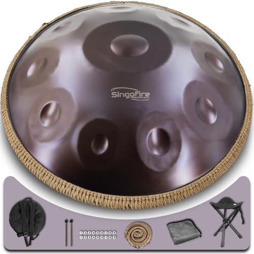 SINGOFIRE Handpan Drum, Handpan Drums für Erwachsene, 22 Zoll 10 Noten 432Hz D Moll Kurd Handpan, HandPan Instrument mit Soft Handpan Bag, 2 Handpan Schlägel, Handpan Ständer und staubfreies Tuch