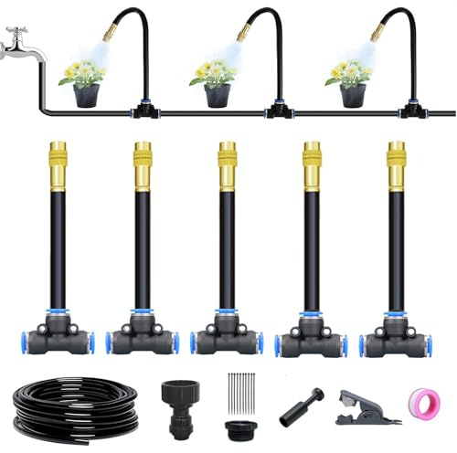 Irrigation System Kit, 360° Adjustable Garden Watering System 5M/16.5FT with 5 Nozzles, Automatic Drip Irrigation Kit for Garden, Lawn, Yard, Greenhouse, Plants (5m kit)