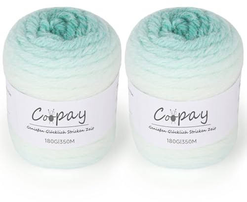 Coopay Farbverlauf Wolle zum Häkeln, 2 x 180g Flauschige Bunt Wolle zum Stricken, Weiches Häkelwolle mit Farbverlauf, Samtig Farbverlauf Häkelgarn, Premium Acrylwolle für Decke, Schal - Minze