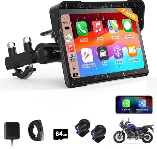 Vtopek Moto Carplay Écran 7 Pouces Plus Grand 4K+1080P Double Caméra Dash Cam Moto Carplay Android Auto Display Étanche Car Play Écran Navigation GPS Double-Bluetooth Commande Vocale Siri Carte 64GB