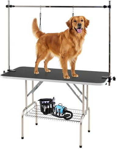 COSTWAY 47'' Dog Grooming Table, Foldable Pet Beauty Station with Height Adjustable Arm, Loops, Storage Basket, Pets Drying Trimming Table for Large Dogs Cats