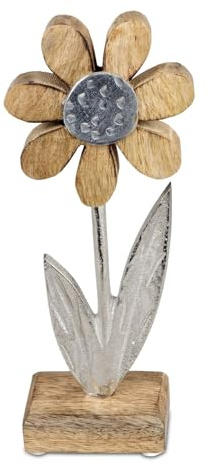 Kremers Schatzkiste Deko Blume Aluminium Mangoholz Sockel 24x11cm Dekoaufsteller Tischdeko Silber Matt Skulptur Moderne Wohndeko Blumen-Figur Geschenkidee Wohnzimmer Büro