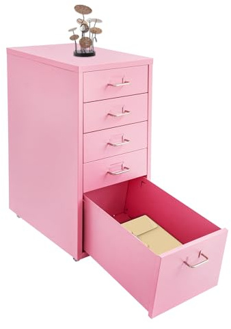 Schubladenschrank, Rollcontainer, Mobiler Aktenschrank, Bürocontainer mit 5 Schubladen, Metallschrank Rollschrank, Büroschrank unter dem Schreibtisch für Zuhause und Büro, 28 * 41 * 69cm (Rosa)