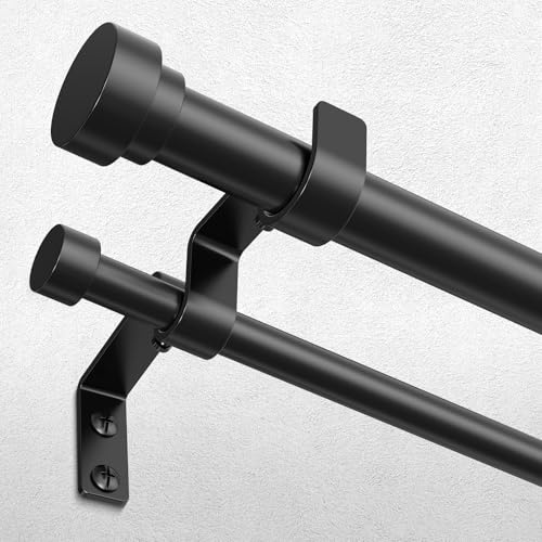 Double Curtain Rod, 1 Inch Black Dual Curtain Rods 36 to 72 Inch with Aluminium Modern End Cap Finials, Adjustable Heavy Duty Window Treatment Rods, Telescopic Metal Double Drapery Pole Set