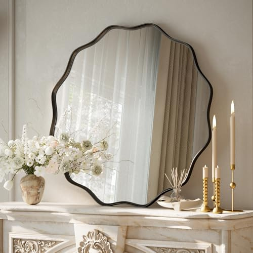 Koonmi runder Wandspiegel mit gewelltem Rand 60 cm, Schwarz