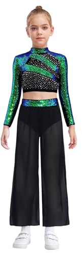 Kaerm Ragazze Tuta da Ginnastica Artistica Abbigliamento da Ballo Latino Tango Moderno Paillettes Crop Top + Pantaloni Larghi Completo da Danza Lirica Contemporanea Moderna Verde 13-14 anni