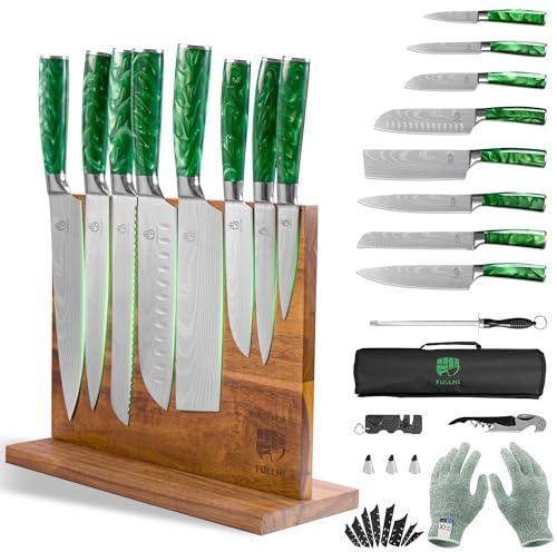 FULLHI 15-Piece Knife Set with Knife Block Holder, Stainless Steel Knives Cutlery Set, Ergonomic Handles Chef Knife Set for Professional and Home Cooking (Green Resin)