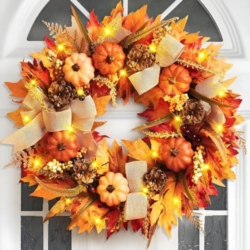 Corona para puerta, decoración otoñal, 45 cm, corona de otoño para puerta de casa, corona de pared artificial con calabazas, piñas y hojas de arce, decoración para Halloween/Navidad/Acción de Gracias