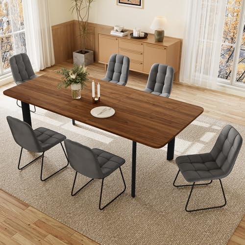 JIEXI Essgruppe Tisch Ausziehbar mit 4-8 Stühlen, 160-200cm Walnuss + 6 Grau