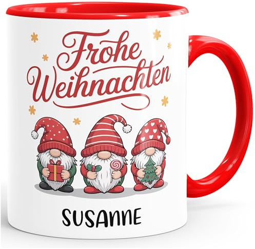 SpecialMe® Personalisierte Weihnachtstasse mit Namen – Wichtel Motiv & Frohe Weihnachten Aufdruck – Geschenktasse Weihnachtszeit Weiss-innen-rot standard