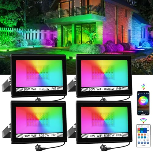 T-SUNUS Projecteur LED RGB Extérieur Couleur, 30W Projecteur LED Avec APP Bluetooth et Télécommande IP66 Etanche, Variation Intensité Changement pour Fêtes, Halloween et Noël 4 Pièces