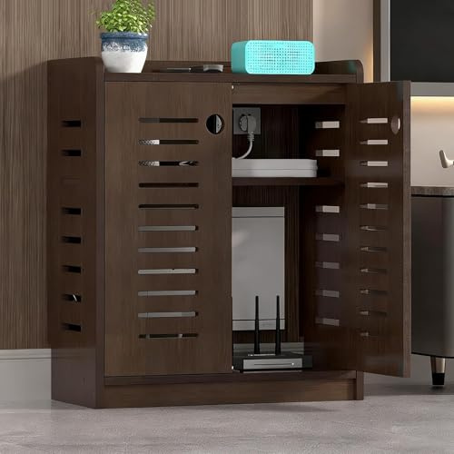 Armario de almacenamiento oculto para router WiFi, armario de almacenamiento multimedia para el hogar con estantes, diseño calado con estantes ajustables, para el hog Brown 50x60x25cm/19.7x23.6x9.8in