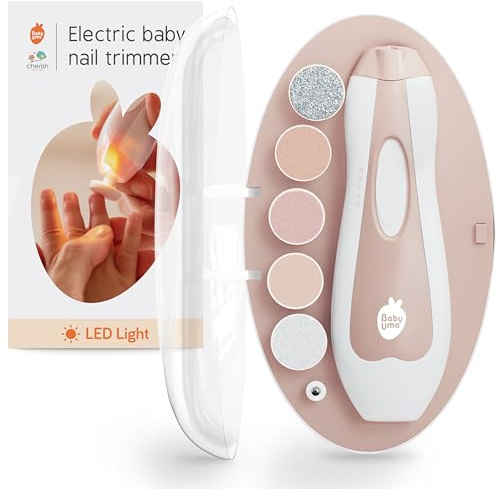 Cherish Baby Care LED Baby nagelfil elektrisk – automatisk säkerhetsstopp elektriska nagelklippare, dubbelriktad med 2 hastigheter och 6 arkiveringsskivor, babygroomingkit nyfödd till vuxen (+