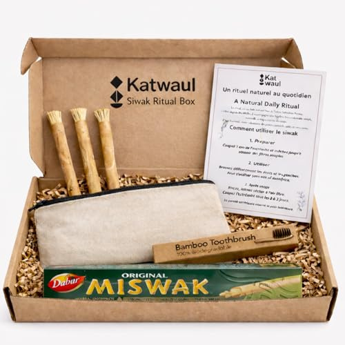 Siwak Kit Complet Hygiène Dentaire Naturelle – 3 Bâtons Miswak, Dentifrice au Miswak, Brosse à Dents Bambou, Trousse et Guide FR/EN – Alternative Écologique Zéro Déchet