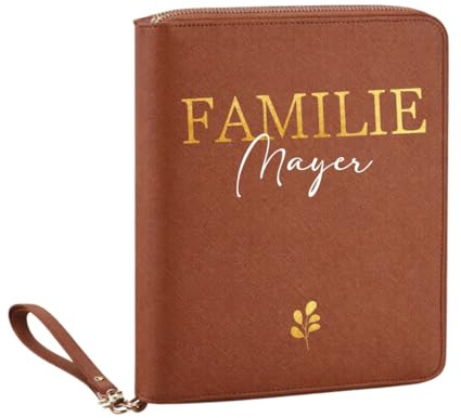 AWASG Personalisierter Travel Organizer Familie mit Name, Familienorganizer Reisemappe Dokumententasche, Reisepasshülle Family viele Fächer, Braun