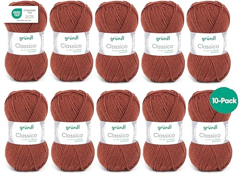 Gründl ull Classico – tjock ull för stickning och virkning – stickgarn – mjuk och hudvänlig – 50% merinoull, 50% polyakryl – 10 nystan 50 g/120 m – nåltjocklek 3,5 – 4,5 – medelbrun