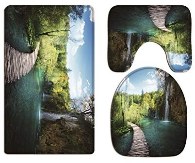 A.Monamour Badezimmer Badematte Set Wasserfall Im Grünen Sommer Wald Blau Wasser See Bewölkter Himmel Holz Weg Natur Landschaft Flanell Saugfähig Badteppiche Badvorleger Badgarnitur WC Vorleger