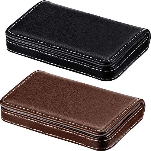 Outus 2 Pcs Business Card Holder, PU Leather Business Card Case Pocket Wallet with Magnetic Shut for Valentines Gift Adult(Black and Coffee)