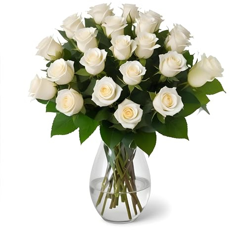 18 White Roses with Vase | Arabella Bouquets | Real Fresh Flowers for Delivery, Gift for Birthday Women, Congratulations, Anniversary, Thank You, Valentine's Day