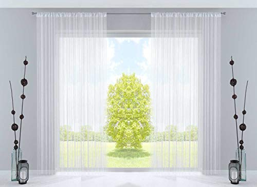 2er Set Fadengardine, HxB 250x300 cm, Weiß Lurex mit Tunneldurchzug und eingenähtem Kräuselband, geeignet für Gardinenstangen und Gardinenschienen Fadenvorhänge Fadenstores Raumteiler, 20303CN2