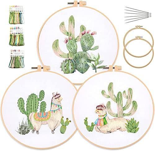 MINGHAM Sticksets für Anfänger, Kreuzstich-Kits zum Selbermachen, Stick-Starter-Set, 3 Stickereien mit Tierpflanzenmuster, Alpaka-Kaktus