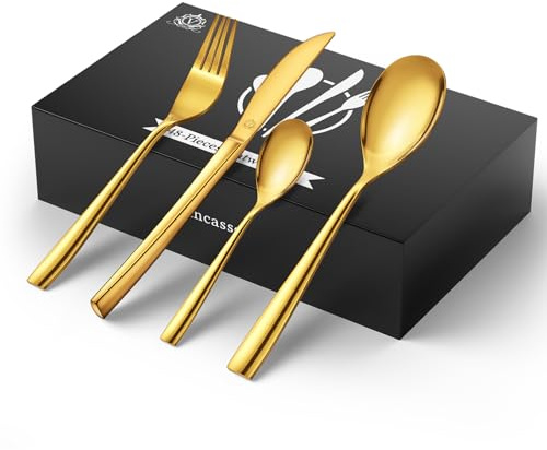 vancasso Besteck Set 12 Personen, Besteck Set 18/10 Gold Besteckset mit Messer/Gabel/Löffel/Dessertlöffel, 48-pcs Goldenes Besteck Poliert mit Geschenkbox, Modernem und Schlichtem Design