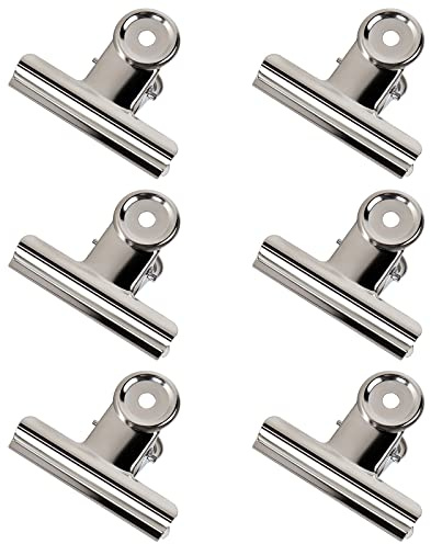 GUOKOFF 75mm Bulldogge Clip Große, 6 Stück Metall Scharnier Clips | Silber Edelstahl Papierbinder, Bulldog Binder Clips Büroklammern für Bilder, Fotos, Küche und Büro